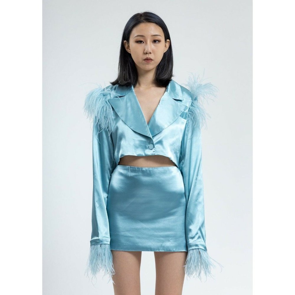 Danielle Guizio Light Blue Feather-Trimmed Jacket